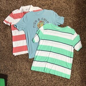 Old Navy 3 Shirts - Orange/White Polo, Fish and Chips Graphic Tee, Striped Tee
